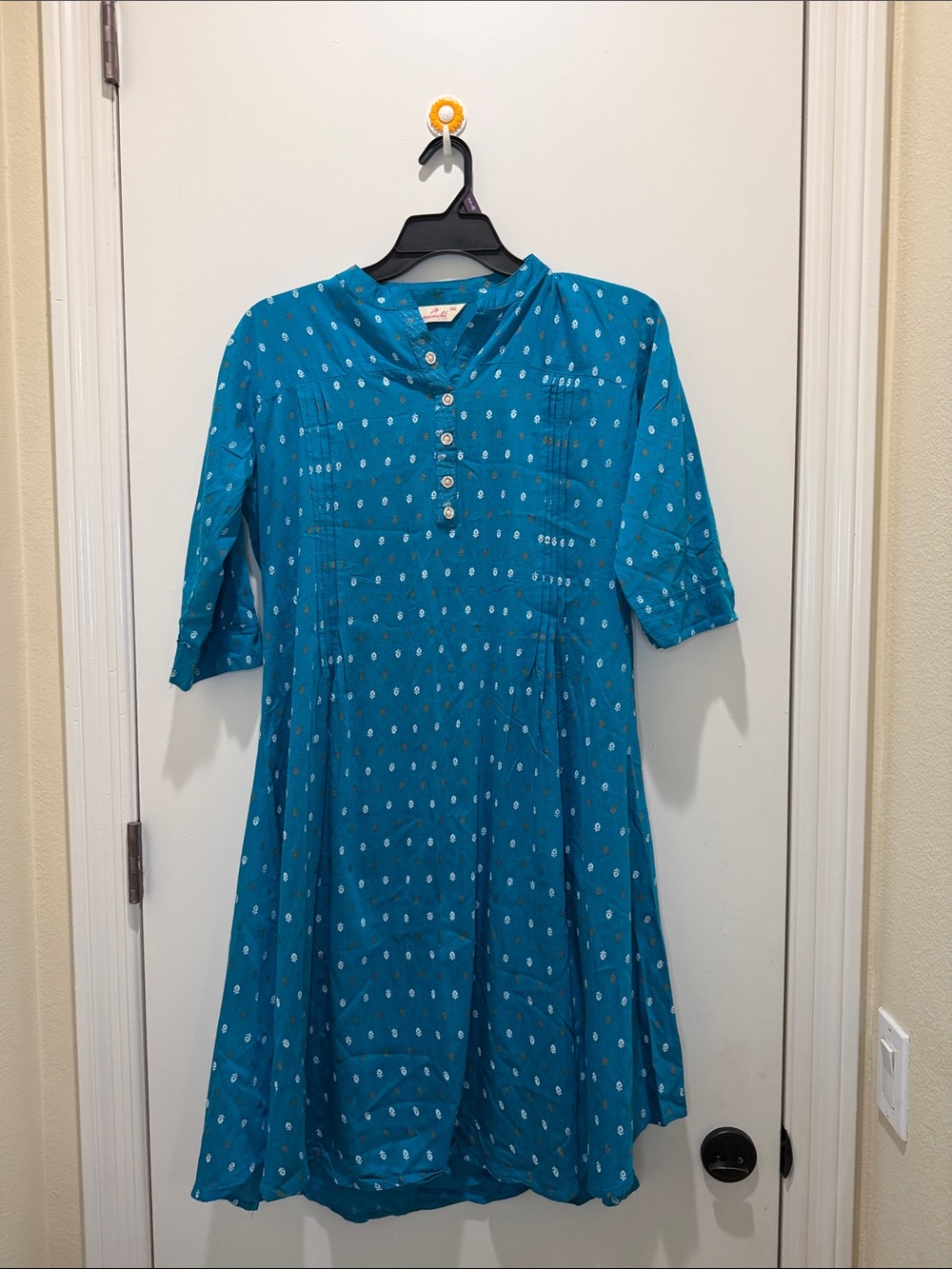 Teal Midi Dress with Button Front and Subtle Dot Print